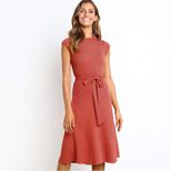 A Line Dress for Women Solid Color High Waist Short Sleeve Round Neck Spring and Summer Wear
