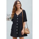 Womens Pleated Knee Length Dress V Neck Button Down Short Sleeve Loose Fit Casual Wear for Sprin