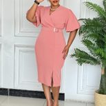 Fashionable Womens Dress V Neck Puff Sleeves Solid Color Bodycon Fit Side Slit Perfect for Parti