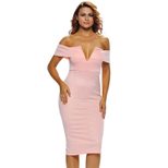 Strapless V Neck Dress with Cups Cotton Back Zipper Closure Slim Fit Knee Length Evening Party W