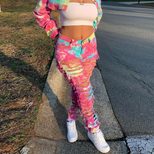 Casual Distressed Tie Dye Denim Pants Button Detail Straight Leg Breathable Fabric Ideal for Everyday Wear