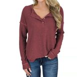 Waffle Knit Long Sleeve T Shirt for Women V Neck Button Design Casual Wear