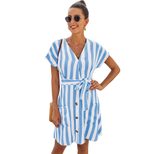 Striped Shirt Dress for Women Summer V Neck Button Down Loose Fit with Waist Tie Casual Wear