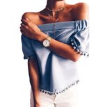 Womens Summer Top Short Sleeve Off Shoulder Fringe Detail Solid Color Casual Wear Wholesale Avai