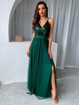 Womens Summer Dress Sexy Spaghetti Strap Sheer Mesh and Sequin Detail Flared Hem Evening Party Wear