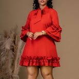Plus Size Casual Dress Ruffled Sleeve Tie Waist Solid Color Comfortable Everyday Wear Wholesale