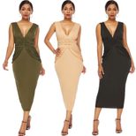 Backless Bodycon Dress Deep V Neckline Pleated Waist Design Nightclub Wear