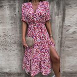 Fashionable Floral Print Deep V Neck Short Sleeve Bodycon Dress for Women Casual Summer Wear