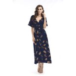 Chiffon Maxi Dress for Women Floral Print V Neck Long Sleeve Beachwear Summer Casual Style