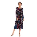 Geometric Print Chiffon Dress Long Sleeve Belted Pleated Design Perfect for Spring Summer Events