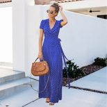 Summer Womens V Neck Floral Polka Dot Maxi Dress Short Sleeve Trendy Design Comfortable Fabric P
