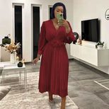 Long Sleeve Solid Color Waist Defined Pleated Maxi Dress for Women Elegant Casual Wear