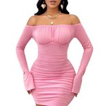 Pink Sexy Bodycon Dress Off Shoulder Long Sleeve Figure Hugging Autumn Winter Fashion Wholesale