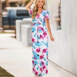 Womens Floral Print Maxi Dress Short Sleeve V Neck Summer Casual Wear Available in Multiple Sizes Wholesale