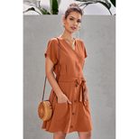 Loose Knee Length Dress for Women Summer Collection Deep V Neck Short Sleeve Button Closure Casu
