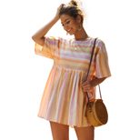 Womens Striped Dress Round Neck Short Sleeve Comfortable Fabric Summer Casual Wear