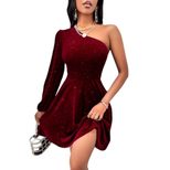 Elegant Burgundy One Shoulder Dress Sexy Fit Short Length Autumn Winter Style Wholesale Availabl