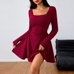 Elegant Square Neck High Waisted Dress Burgundy Color Short Skirt Fall Winter Collection Wholesa