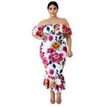 Summer Floral Print Ruffle Off Shoulder Dress Sexy Short Sleeve Mermaid Hem Plus Size Evening Pa