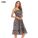Vintage Plaid High Waisted Midi Dress for Women Ruffle Straps Summer Style Elegant Design Wholes