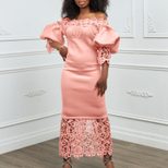 Off Shoulder Lace Trimmed Evening Dress Lantern Sleeves Elegant Design Perfect for Parties Whole