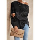 Womens Loose Fit Hollow Out Long Sleeve Top Solid Color Off Shoulder Asymmetrical Neckline Sprin