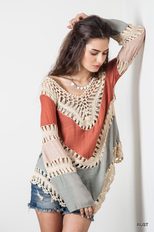 Bohemian Beach Cover Up Sexy Hollow Out Loose Fit Color Block Design Perfect for Summer Vacation