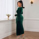 Velvet Maxi Dress for Women Dark Green Long Sleeve Slim Fit Side Pleats Elegant Autumn Winter We