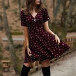Womens Vintage Floral Maxi Dress Elegant V Neck Short Sleeve Casual Summer Wear