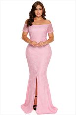 Plus Size Off Shoulder Lace Maxi Dress Short Sleeve High Slit Elegant Design Perfect for Formal