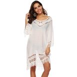 Deep V Hollow Out 3 4 Sleeve Fringe Patchwork Irregular Beach Cover Up Dress Lightweight Stylish
