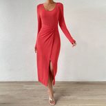 Elegant Solid Color Bodycon Dress Chic Split Design Comfortable Fabric Perfect for Autumn and Wi