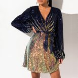 Mini Dress Color Block V Neck Tie Up Sequin Birthday Party Evening Wear Wholesale Available