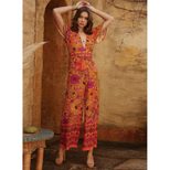 Vintage Floral Print Womens Jumpsuit V Neck Short Sleeve Loose Fit High Waist Wide Leg Summer Casual Wear