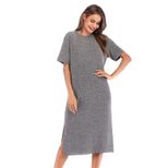 Womens Casual Solid Color Short Sleeve Round Neck Split Hem Dress Autumn Fashion Wholesale Avail
