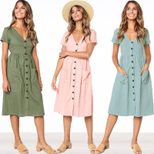 Summer High Waisted Dress V Neck Button Closure Pocket Design Available in Eight Colors Wholesal