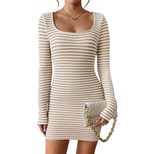 Womens Long Sleeve Bodycon Dress Solid Color U Neck Striped Skirt Autumn Winter Fashion Wholesal
