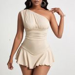 Elegant Womens Dress Asymmetrical Neckline High Waist Flared Hem Spring Summer Fashion Wholesale