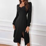 V Neck Long Sleeve Dress Elegant Fit Side Slit Mid Length Office Wear Casual Events Wholesale Av
