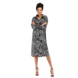 Womens Autumn Dress Long Sleeve Button Down Sexy Leopard Print Slim Fit Split Hem Casual or Part