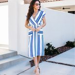 Sleeveless V Neck Blue and White Striped Maxi Dress for Women Loose Fit High Waist Summer Casual Wear Wholesale