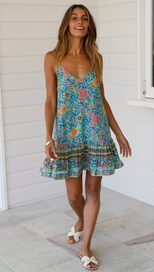 Bohemian Floral Print Dress Summer Casual Style Short Length Lightweight Fabric Ready to Ship Wh