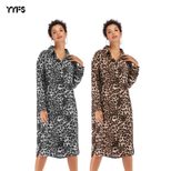 Womens Autumn Dress Long Sleeve Button Down Sexy Leopard Print Slim Fit Split Hem Casual or Part