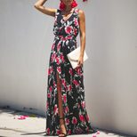 Summer Womens Floral Print Maxi Dress with V Neck and Sleeveless Design for Casual Wear in Multiple Sizes
