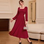 French Square Neck Burgundy Long Sleeve Dress Vintage Style Slim Fit Autumn Winter Wholesale Ava