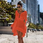 Irregular Deep V Sexy Hollow Out Knitted Beach Cover Up Dress Bell Sleeves Lightweight Fabric Su