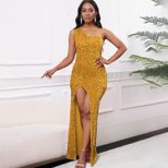 Elegant Sequin Maxi Dress Asymmetrical Shoulder High Slit Fashionable Design Evening Wear Party
