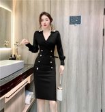 V Neck Long Sleeve Bodycon Dress Slim Fit Double Breasted Design Elegant for Fall Winter