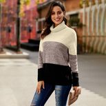 Womens Turtleneck Sweater Winter Collection European Style Color Block Design Long Sleeve Knit T