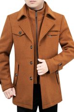 Mens Wool Blend Overcoat Mid Length Removable Double Layer Fur Collar Stylish Outerwear for Fall